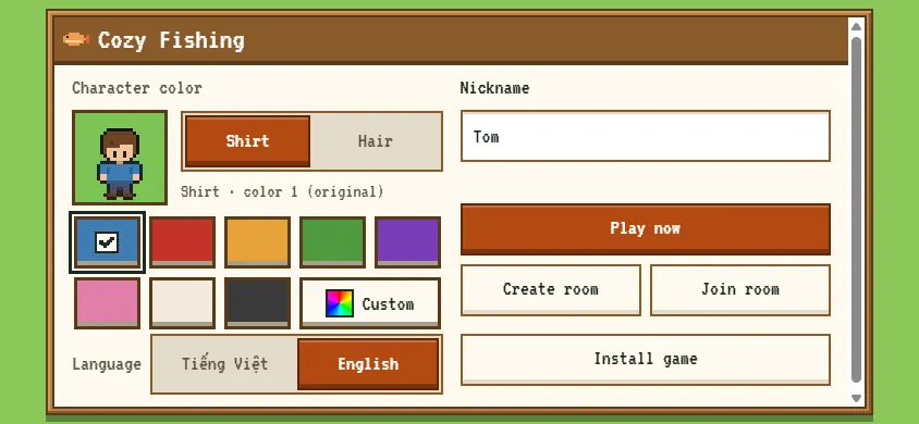 The lobby: nickname, character colour, Play now, Create room, Join room